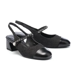 【AS 集團】率性優雅珍珠皮穿鍊牛仔布後繫帶方頭高跟鞋(黑)