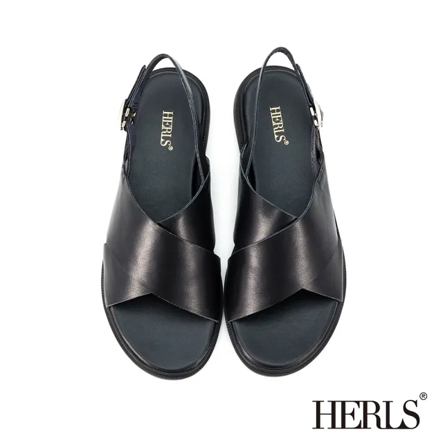 【HERLS】涼鞋-牛皮交叉寬帶造型後帶平底涼鞋(黑色)