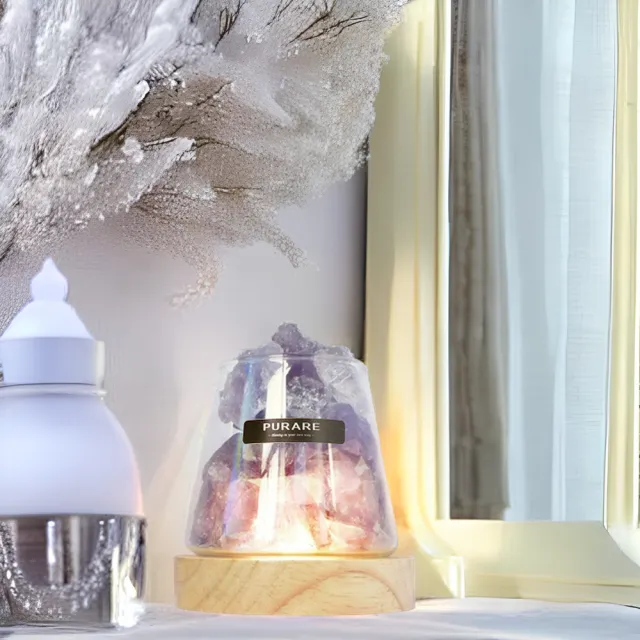 【PURARE】紫水晶發光擴香杯禮盒 能量水晶燈 天然擴香石 晶石(能量紫水晶500g+充電款無線底座燈
