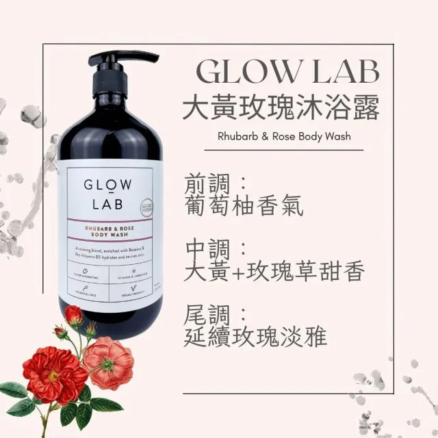 即期品【紐西蘭GLOW LAB】植物精油沐浴露900mlx1(大黃玫瑰/椰子檀香/佛手柑橘/黑莓月桂葉-效期2025/04)