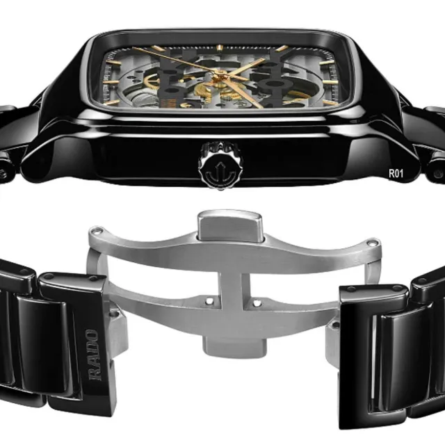 【Rado 雷達表】最新 官方授權 True Square真方雙橋鏤空機械腕錶 黑金款-加上鍊機6豪禮 R01(R27124162)