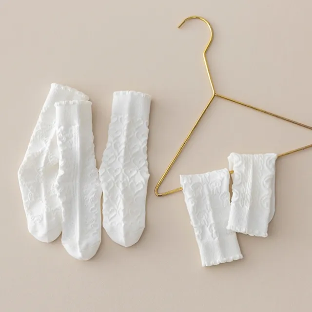 【橘魔法】（5雙一組）氣質圖形浮雕花中筒襪(襪子 堆堆襪 兒童 女童 兒童 童裝 白襪 全白襪子)
