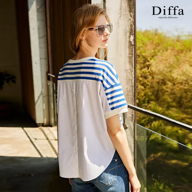 【Diffa】異素材拼接條紋落肩針織衫-女