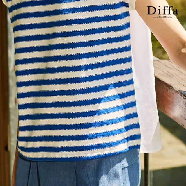 【Diffa】異素材拼接條紋連袖針織衫-女