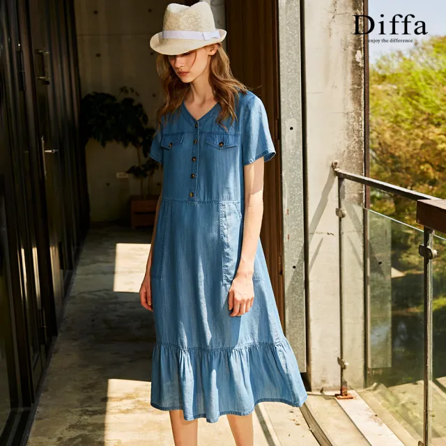【Diffa】短袖牛仔連身洋裝-女(丹寧)