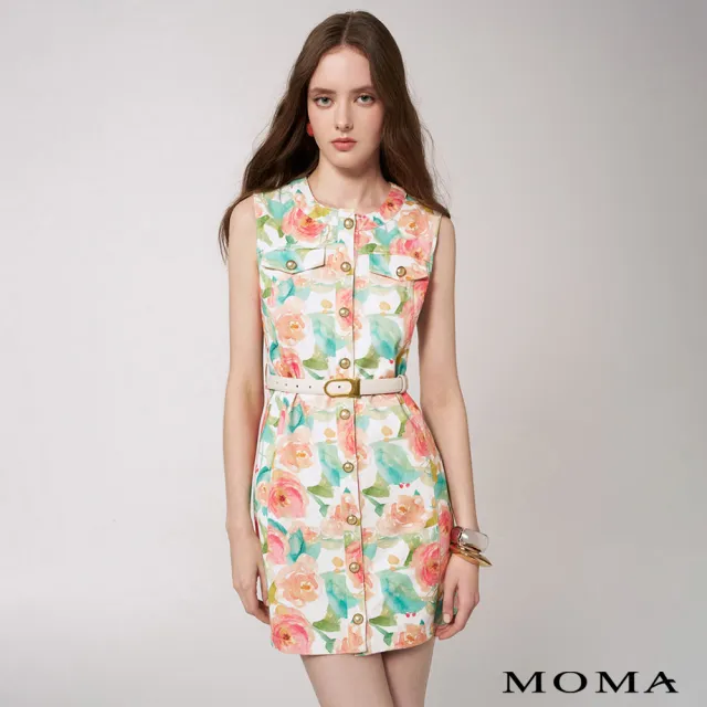 【MOMA】玫瑰印花牛仔背心洋裝(綠色)