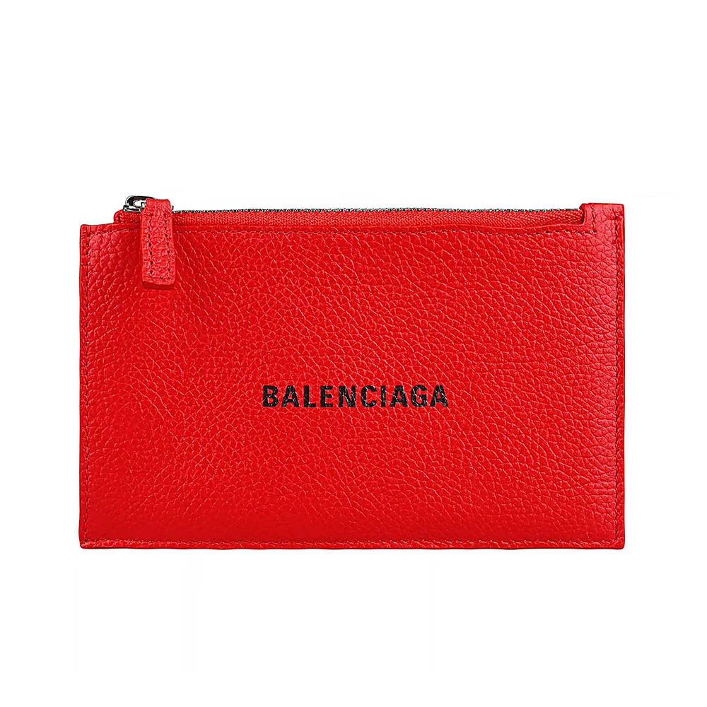 【Balenciaga 巴黎世家】BALENCIAGA燙印字母LOGO荔枝紋小牛皮 5卡拉鍊零錢卡夾包(酡紅)