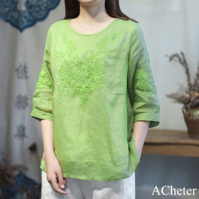 ACheter 輕棉麻感刺繡中袖森系寬鬆上衣文藝茶服短版圓領