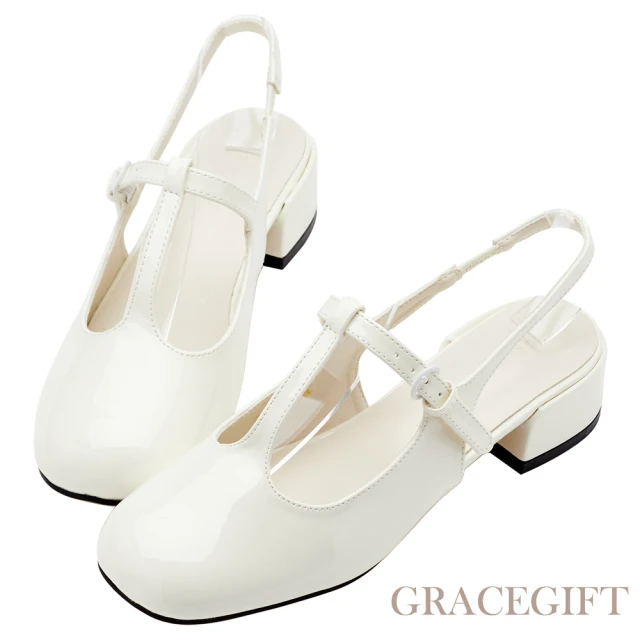 Grace Gift 復古T字後簍空中跟瑪莉珍鞋(米漆)