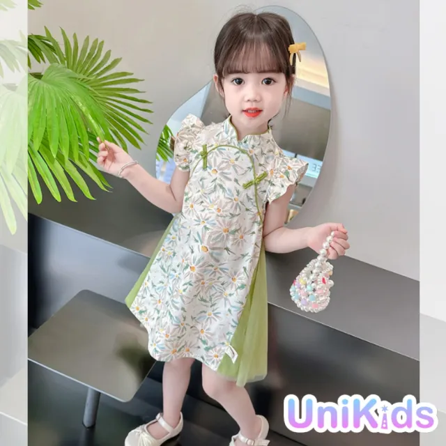 【UniKids】中大童裝飛袖洋裝 復古碎花拼接旗袍領連身裙  女大童裝 CVX23046(綠)