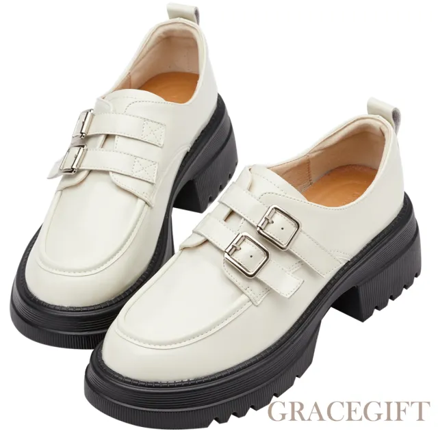 【Grace Gift】復古圓頭雙釦帶厚底樂福鞋(米白)