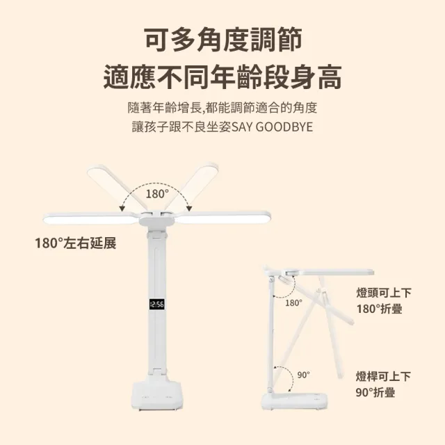 【YOLOMO】雙燈頭閱讀檯燈 廣角可調光護眼檯燈 讀寫檯燈(時鐘+筆筒+手機支架+檯燈四合一)