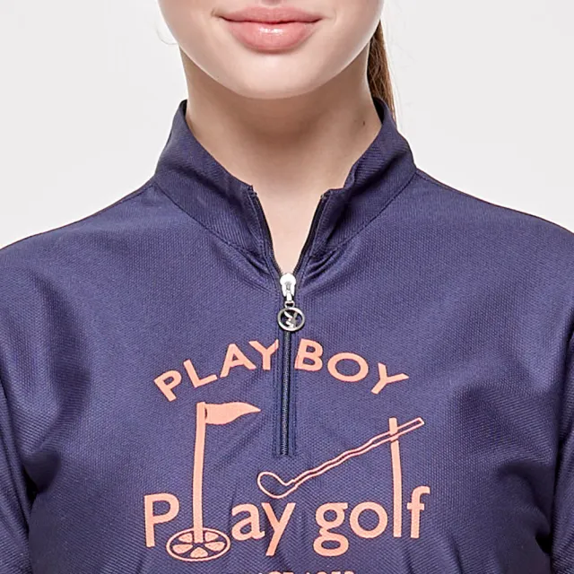 【PLAYBOY GOLF】女款高爾夫圖騰吸濕排汗抗UV立領短袖上衣-深藍(高爾夫球衫/KA24121-58)