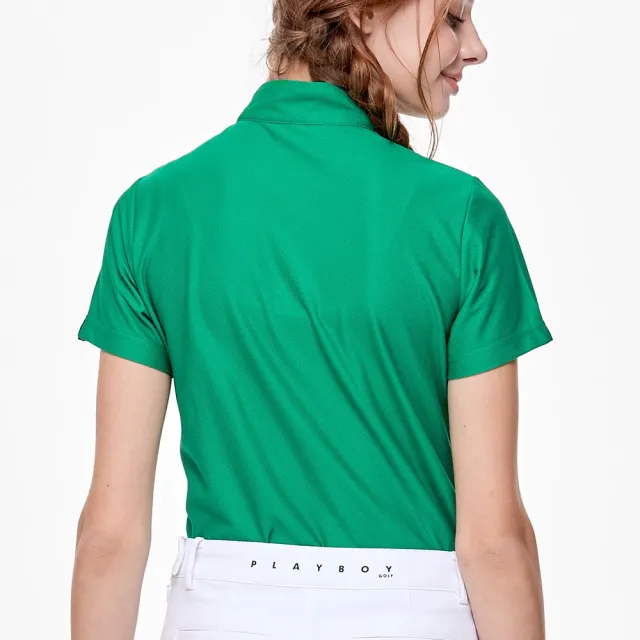 【PLAYBOY GOLF】女款高爾夫圖騰吸濕排汗抗UV立領短袖上衣-綠(高爾夫球衫/KA24121-45)