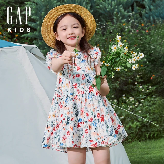 GAP 女幼童裝 Logo印花方領短袖洋裝-白色(46615