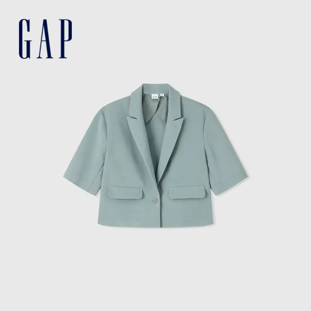 【GAP】女裝 短版翻領短袖西裝外套-青色(464880)