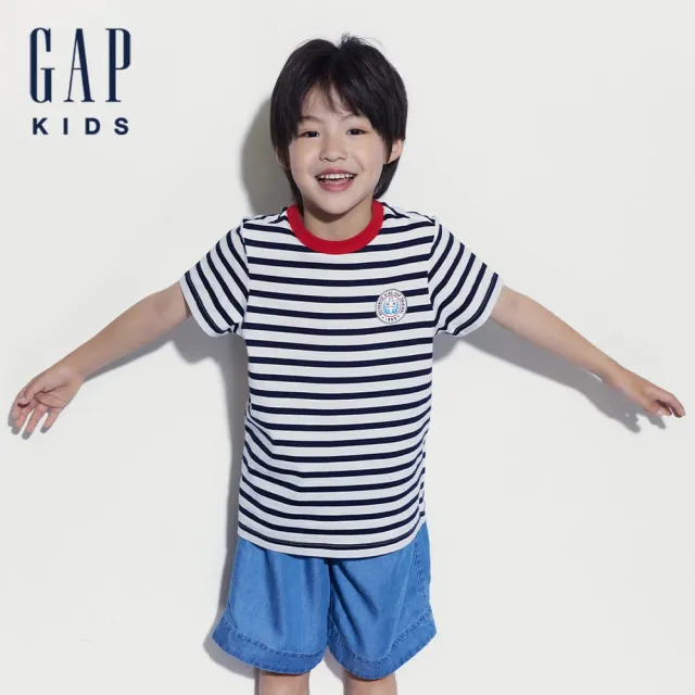 【GAP】男童裝 純棉小熊印花圓領短袖T恤-海軍藍條紋(466053)
