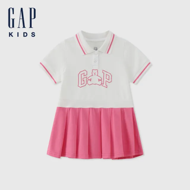 【GAP】女幼童裝 Logo小熊印花翻領短袖洋裝-粉白組合(466137)