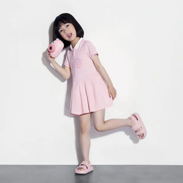 【GAP】女幼童裝 Logo小熊印花翻領短袖洋裝-粉色(466137)