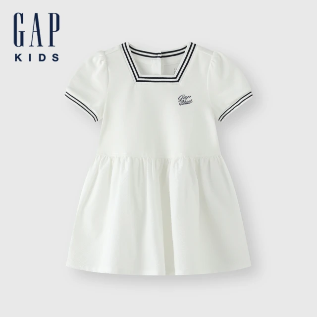 GAP 女幼童裝 Logo印花方領短袖洋裝-白色(466153)
