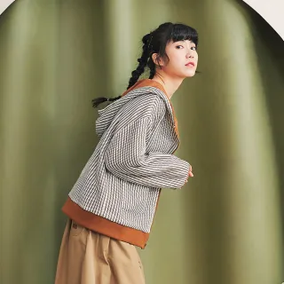 【Dailo】針織直條緹花連帽長袖外套(黑 咖)
