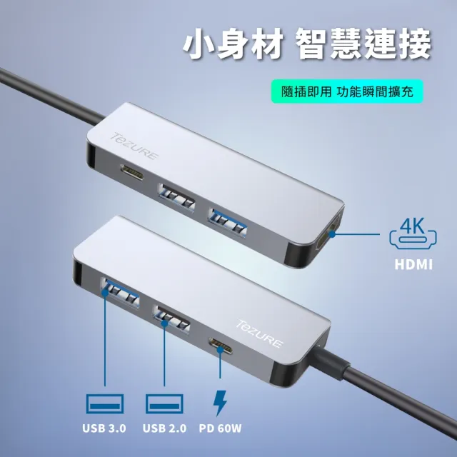 【TeZURE】四合一USB Type-C Hub多功能集線器 轉接器(HDMI/USB3.0/PD快充/適用MacBook)