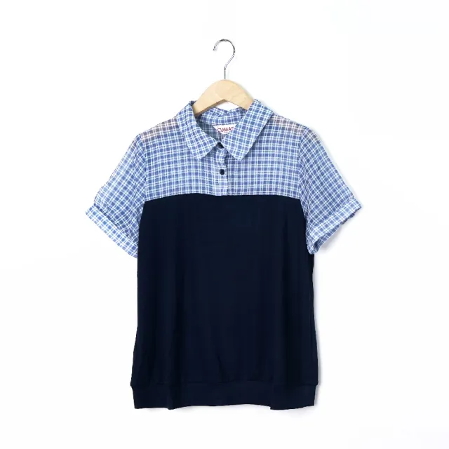 【CUMAR】格紋襯衫領拼接坑條短袖上衣(藍 黑 黃/魅力商品)