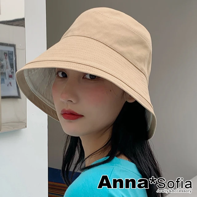 AnnaSofia 遮陽防曬漁夫帽盆帽鐘型帽-韓潮素面雙面戴 現貨(卡其系)