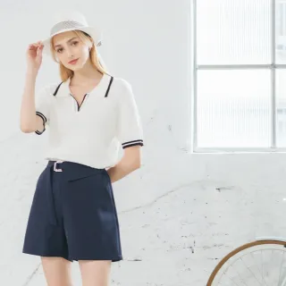 【CUMAR】撞色飾邊半開襟翻領坑條式短袖針織上衣(藍 白 杏/魅力商品)