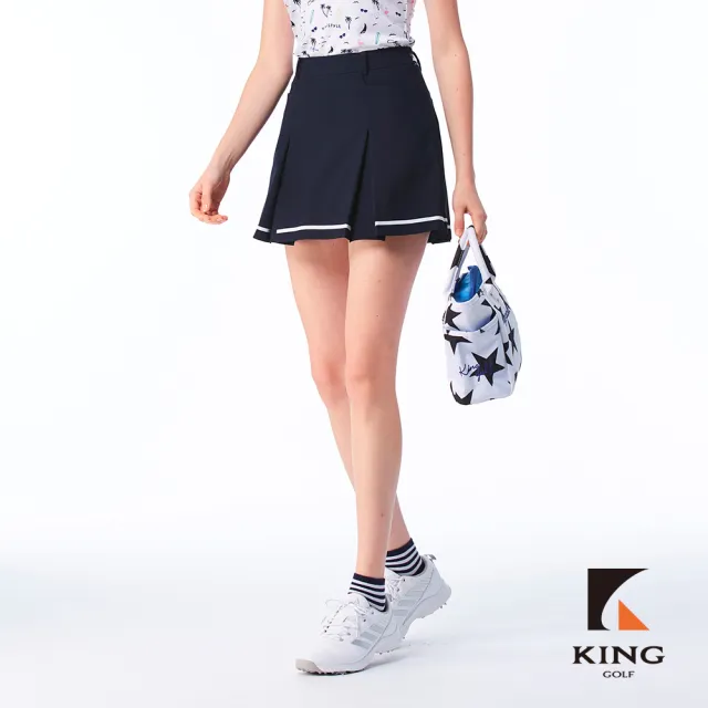 【KING GOLF】實體同步款-女款雙色百摺白線滾邊設計素面修身A LINE短裙/高爾夫球裙(深藍色)