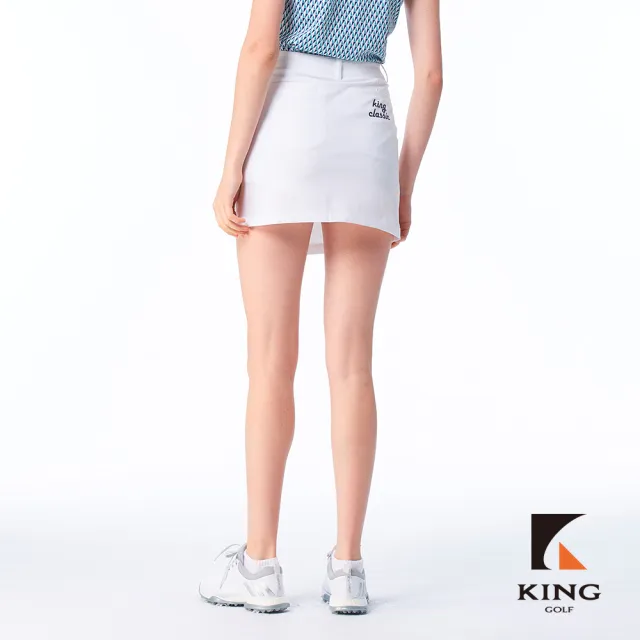 【KING GOLF】實體同步款-女款特殊剪裁百摺拼接織帶素面修身A LINE短裙/高爾夫球裙(白色)