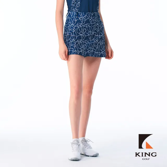 【KING GOLF】實體同步款-女款手繪線條印花特殊剪裁拼接織帶修身A LINE短裙/高爾夫球裙(深藍色)