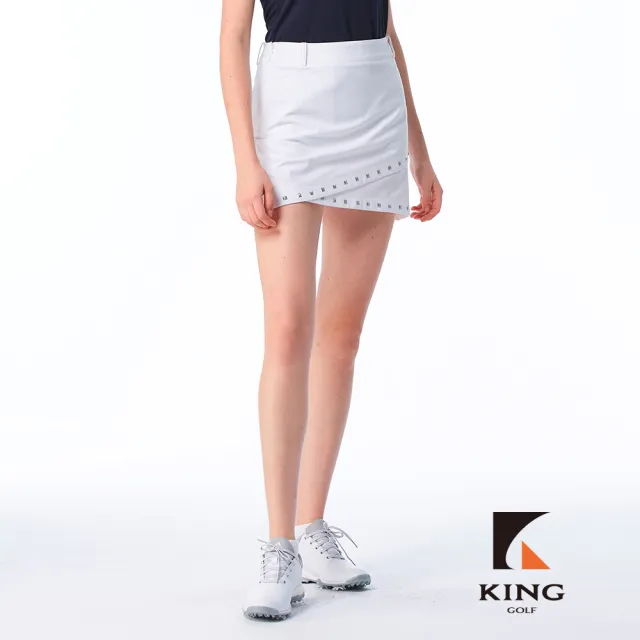 【KING GOLF】實體同步款-女款個性鉚釘雙層拼接剪裁素面修身A LINE短裙/高爾夫球裙(白色)