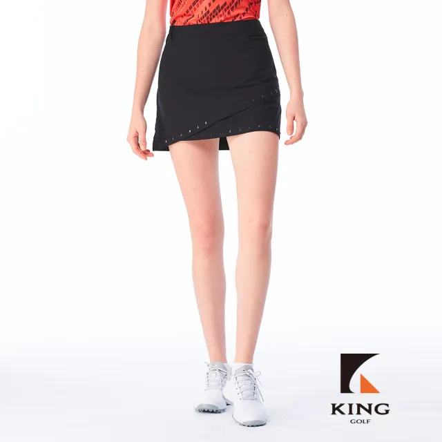 【KING GOLF】實體同步款-女款個性鉚釘雙層拼接剪裁素面修身A LINE短裙/高爾夫球裙(黑色)