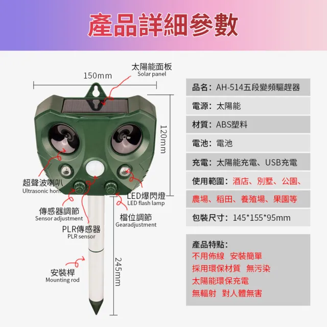 【伊德萊斯】五段變頻太阳能超音波驅鼠器 AH-514(全年0電費 驅蟲器 驅狗器 物驅趕器)