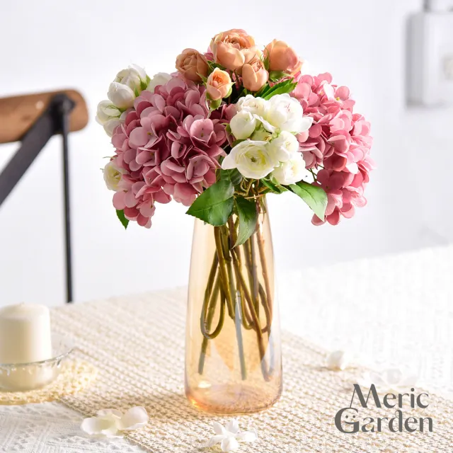 【Meric Garden】仿真絢爛粉白繡球玫瑰花藝花瓶組(花束 禮物 居家裝飾 情人節 擺設)