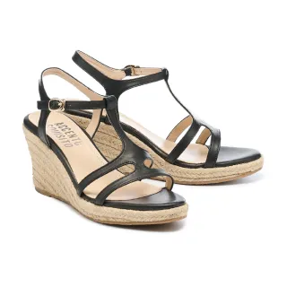 【AS 集團】簡約質感造型繫帶全真皮草編楔型高跟涼鞋(黑)