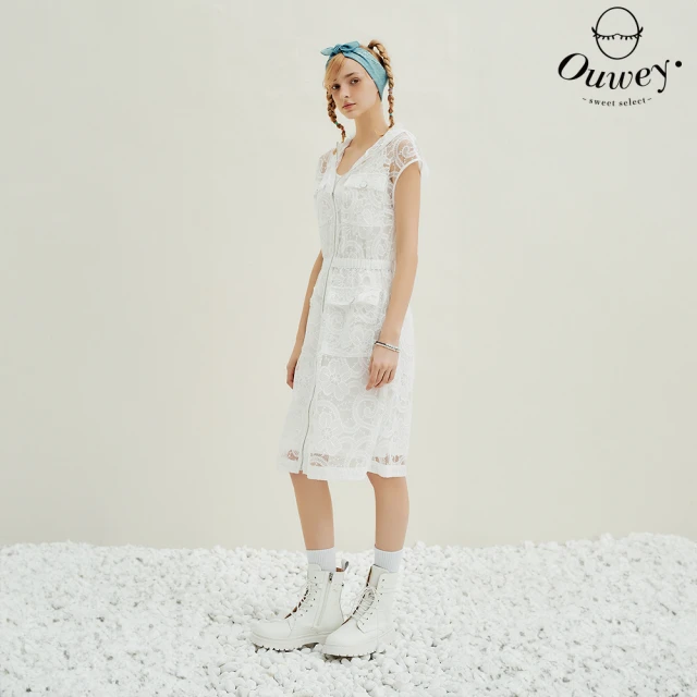 OUWEY 歐薇 兩件式縷空蕾絲連帽洋裝(白色；XS-M；3242397138)