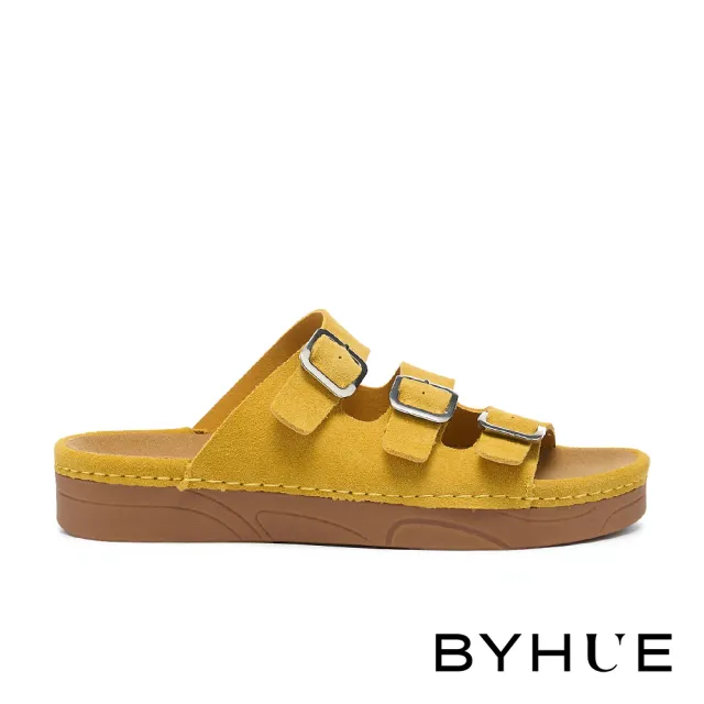 【BYHUE】日常百搭方釦多寬帶牛麂皮軟芯厚底拖鞋(黃)