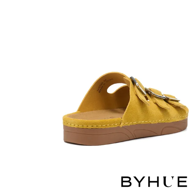 【BYHUE】日常百搭方釦多寬帶牛麂皮軟芯厚底拖鞋(黃)