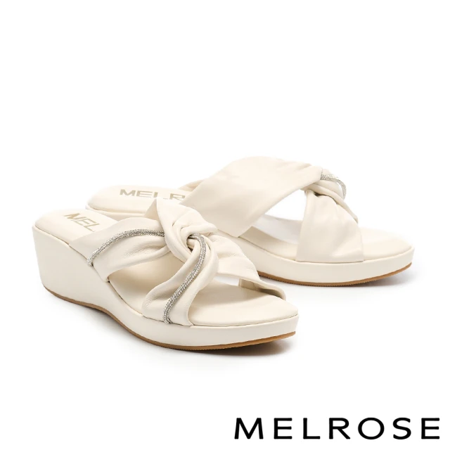 【MELROSE】美樂斯 奢華閃耀鑽條扭結羊皮楔型高跟拖鞋(米白)