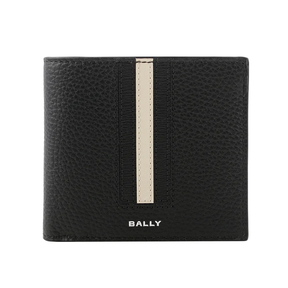 【BALLY】Ribbon 黑白條紋牛皮對開零錢袋短夾(黑色)