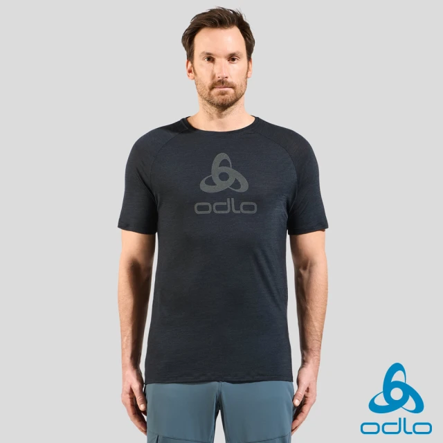 ODLO 男 PW130 美麗諾羊毛衣 短袖T-SHIRT LOGO 黑麻花(美麗諾羊毛 抗臭 溫度調節 吸濕排汗 自行車通勤)