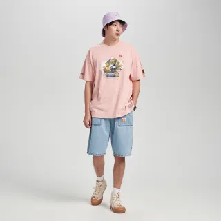 【EDWIN】江戶勝 男裝 橘綠盆栽寬版短袖T恤(淺粉紅)
