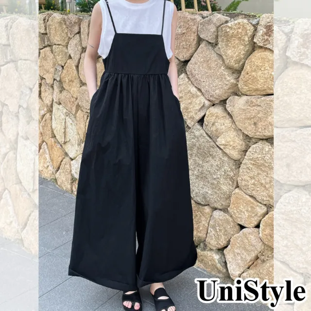 【UniStyle】連身吊帶長褲 韓版輕薄闊腿慵懶風背帶褲 女 UV7083(黑)