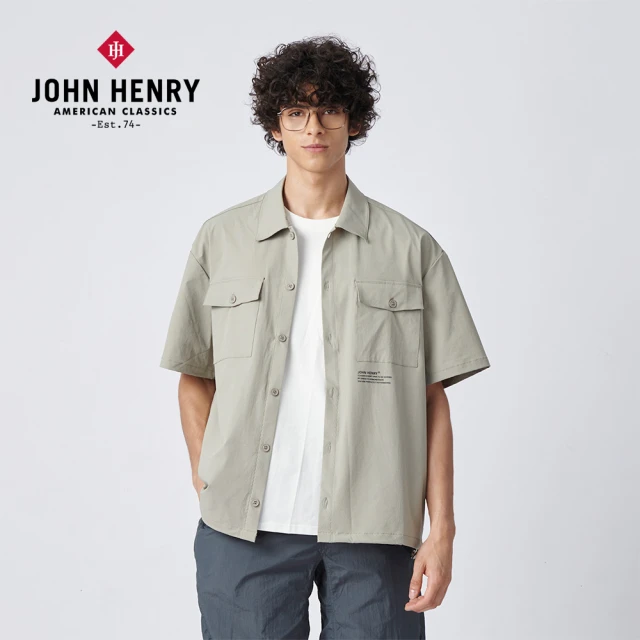 JOHN HENRY 口袋標語尼龍襯衫-灰綠