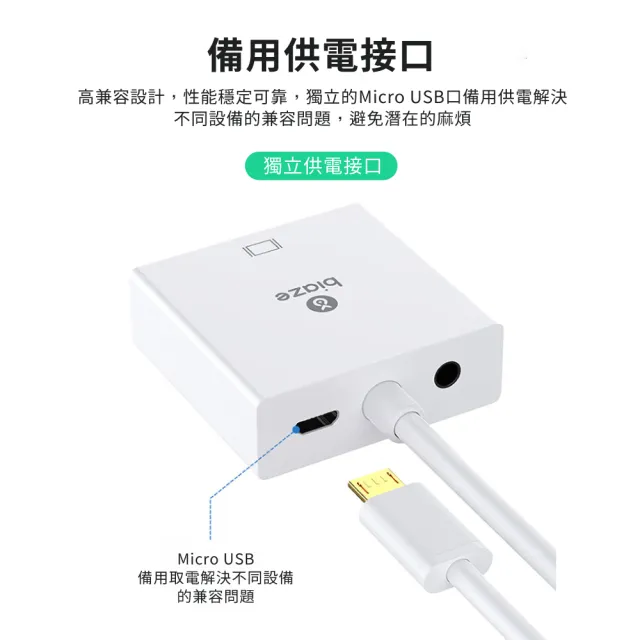 【biaze畢亞茲】HDMI轉VGA線轉換器 帶音頻供電(高清視頻轉接頭 兼容款 1m)