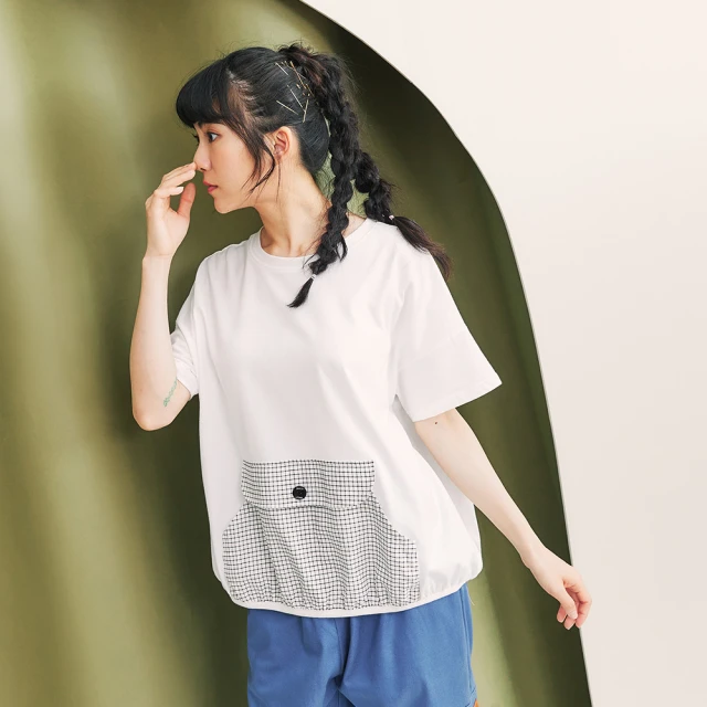 Dailo 格紋拼接大口袋球型舒適棉短袖上衣(白 卡 紫/魅力商品)