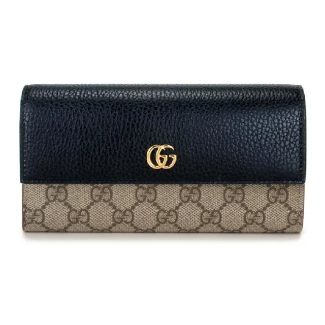 【GUCCI 古馳】456116 經典Petite Marmont 皮革拼接帆布翻蓋長夾(顏色任選)