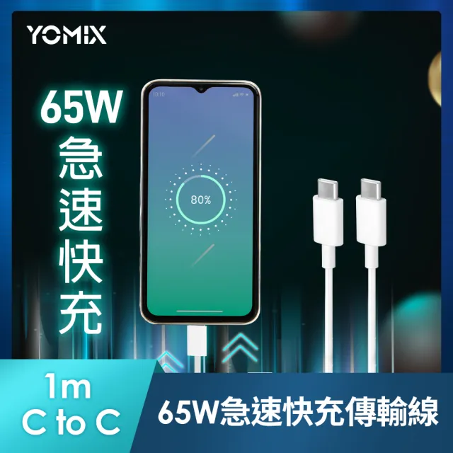 C to C 65W1M線組【YOMIX 優迷】65W氮化鎵PD三孔充電器/筆電快充(typeC/USB/插腳折疊式/支援iPhone 16快充)